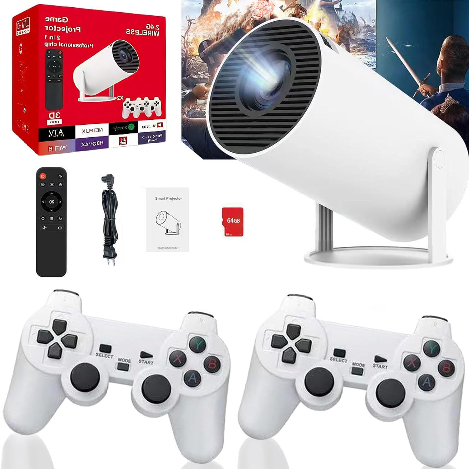 Nostalgic Projector, 4K Projector with Retro Gaming Console, Arcade Vision Projector, Smart Projector with Built in 20000+ Games, Retro Game Projector with 2 Wireless Controllers