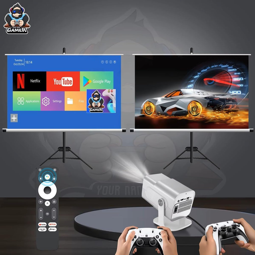 Game Projector with 2 gamepads Gaming Consoles Mini Projector with Wifi and Bluetooth Home Theater Office Outdoor Smart Portable Projector Built in 20,000+ Retro Games