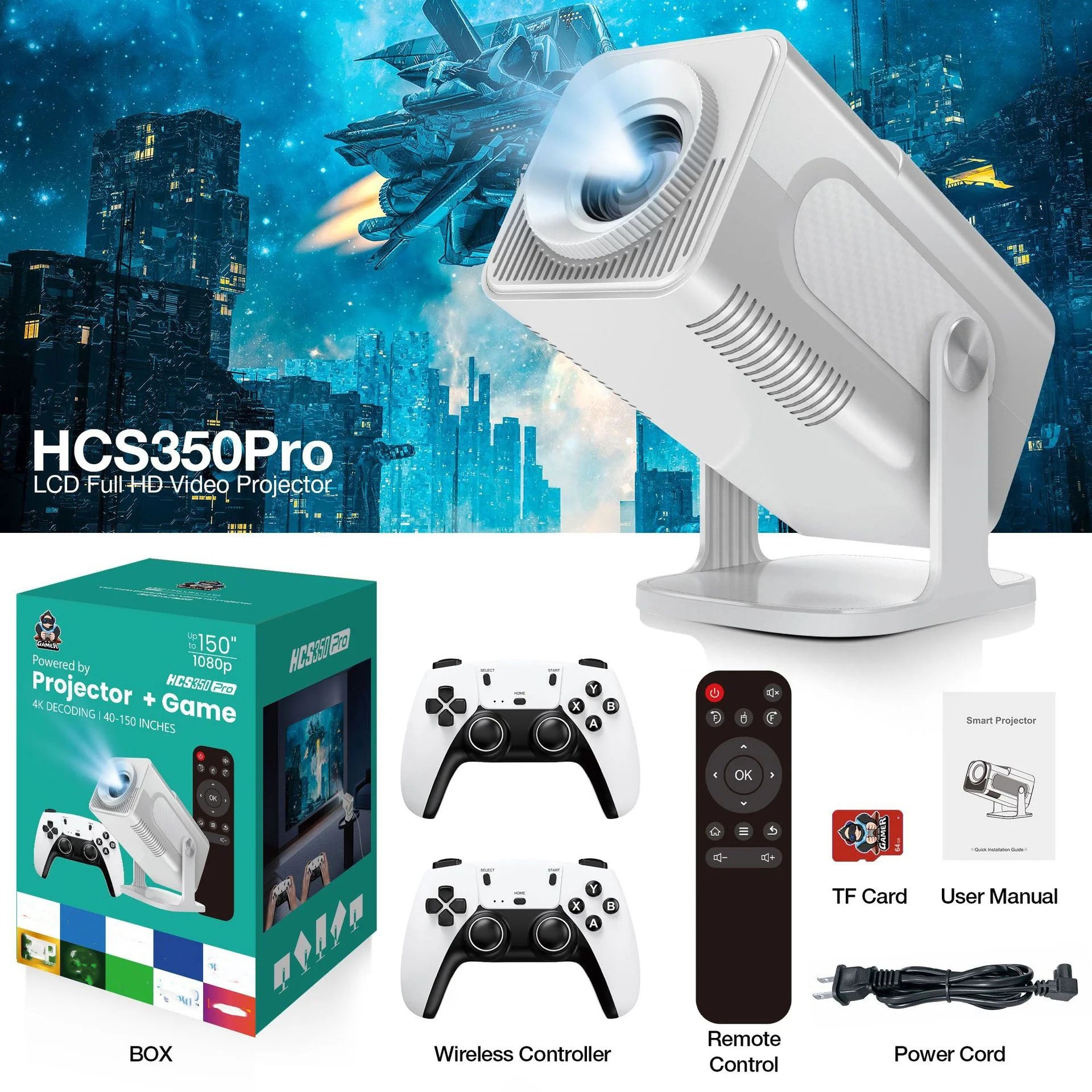 Game Projector with 2 gamepads Gaming Consoles，20,000+ Retro Games, Mini Smart Portable Projector with WiFi and Bluetooth Home Theater Office Outdoor