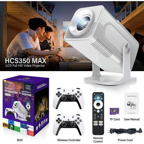 Game Projector with 2 gamepads Gaming Consoles Mini Projector with Wifi and Bluetooth Home Theater Office Outdoor Smart Portable Projector Built in 20,000+ Retro Games