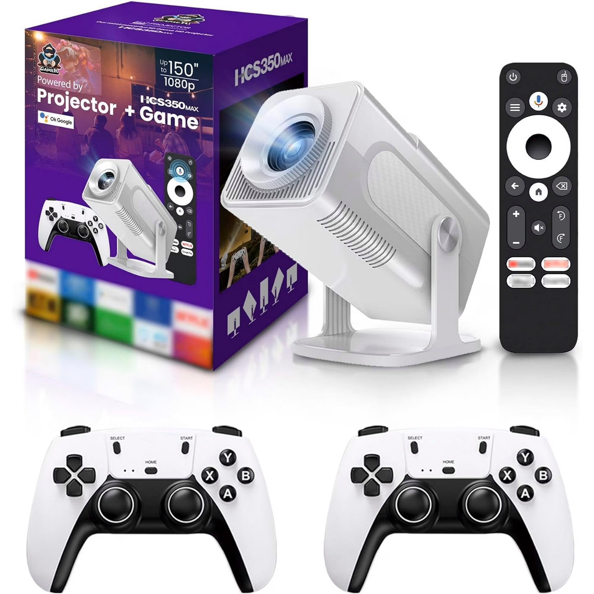 Game Projector with 2 gamepads Gaming Consoles Mini Projector with Wifi and Bluetooth Home Theater Office Outdoor Smart Portable Projector Built in 20,000+ Retro Games