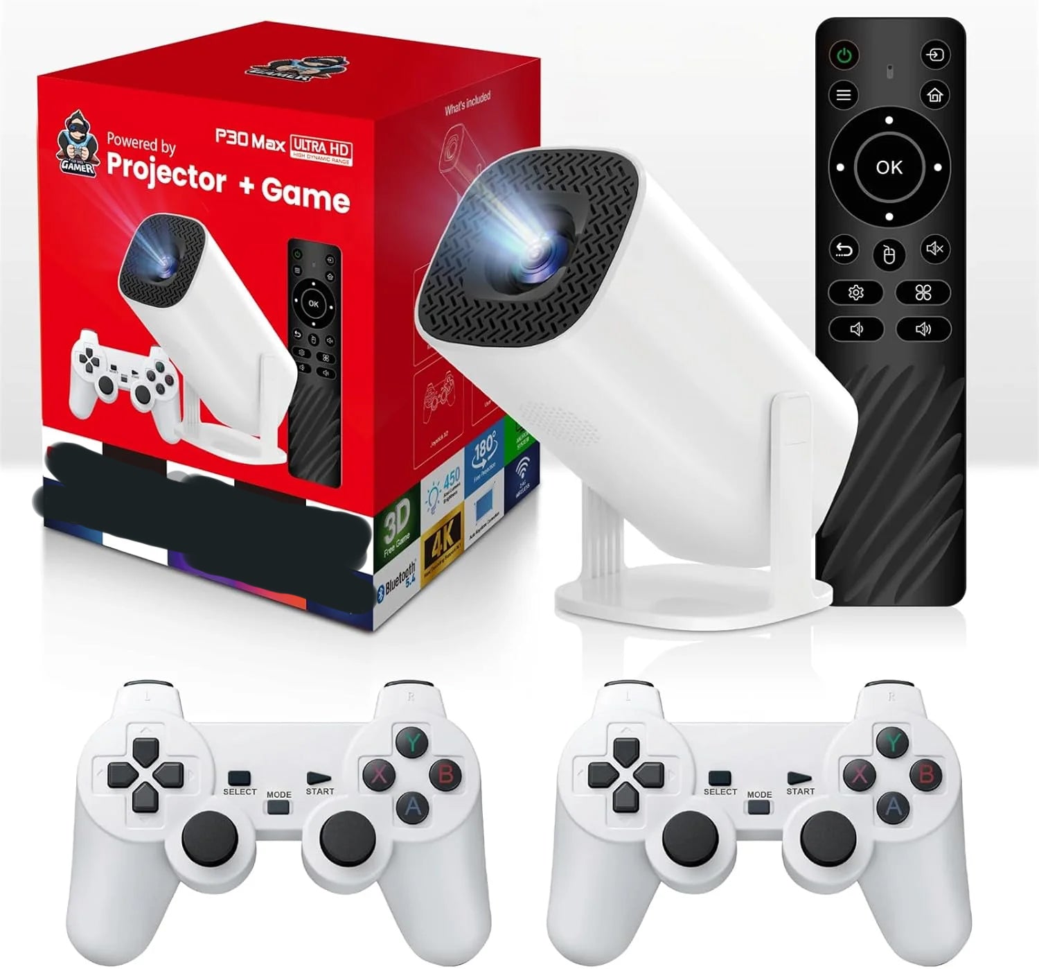 Retro Console & Projector - Built in 40,000+ Games with 40+ Emulators, Kothab Retro Console Projector, 4K HDMI Output HD Projector with 2 2.4G Wireless Controllers, Support 23 Languages
